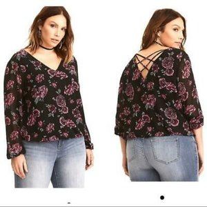 Torrid black floral Crisscross back chiffon blouse